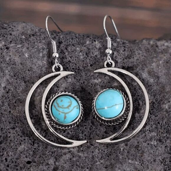 Crescent Moon Turquoise Dangle Earrings - Picture 3 of 6